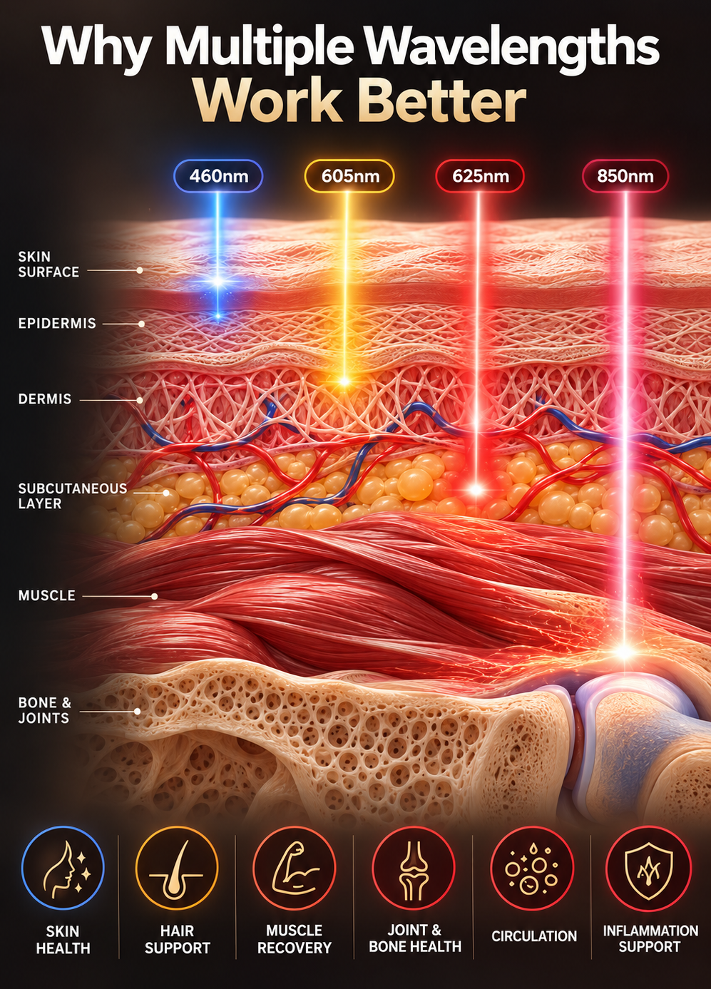 An infographic titled 'Why Multiple Wavelengths Work Better' shows a cross-section of skin and bone layers with labeled wavelengths 460nm, 605nm, 625nm, and 850nm, plus circular icons at the bottom for skin health, hair support, muscle recovery, joint and bone health, circulation, and inflammation support.